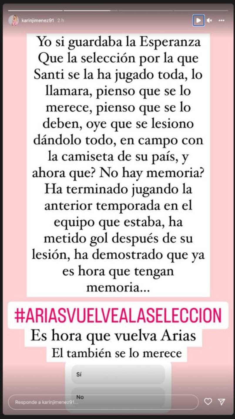 mensaje de la esposa de Santiago Arias sobre su ausencia en la convocatoria de la selección Colombia