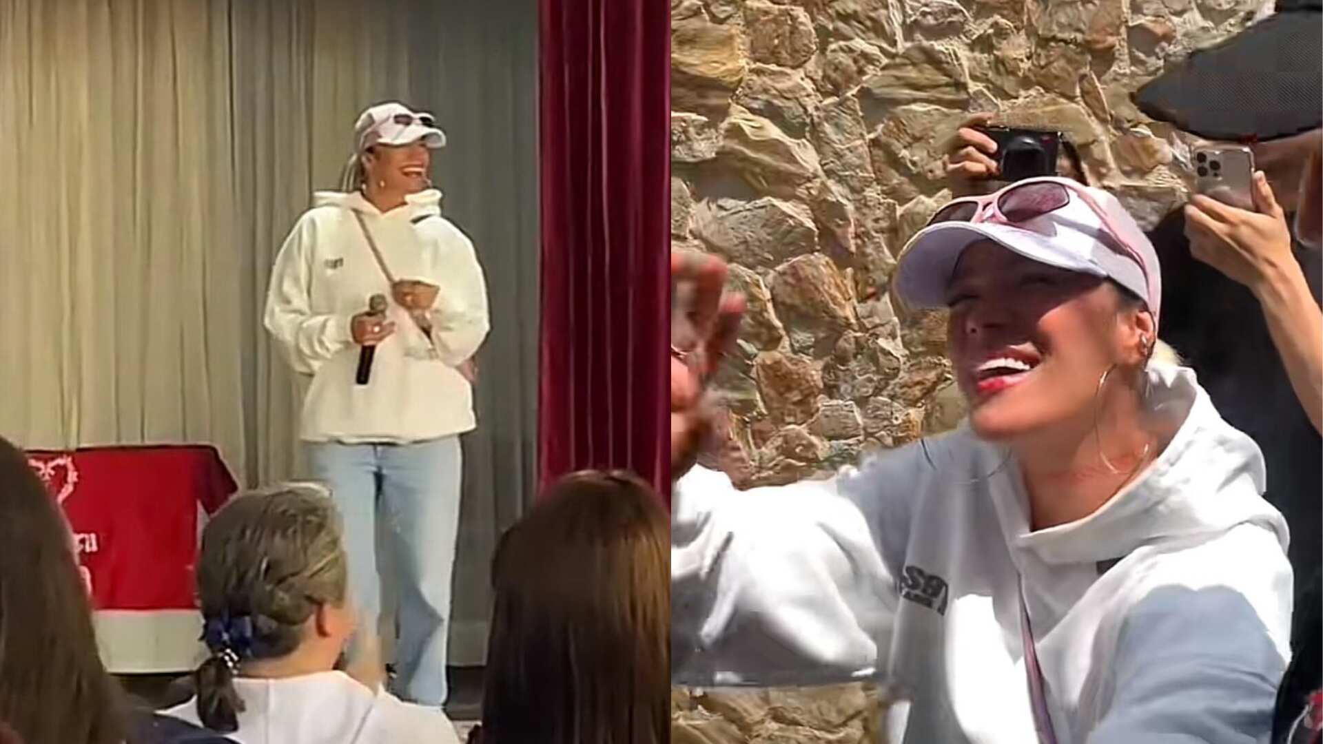 La artista puso a cantar a todo pulmón su más reciente éxito a varios pequeños en un colegio de la ciudad