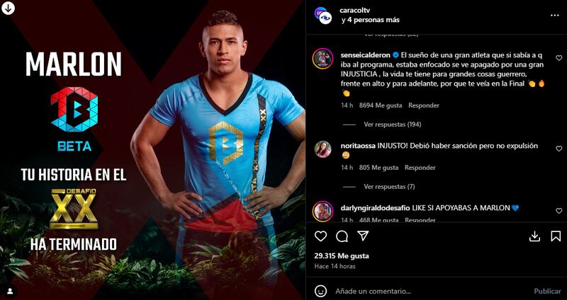 La polémica está encendida pues a la mayoría de los televidentes les pareció injusta la expulsión de Marlon del ‘Desafío XX’