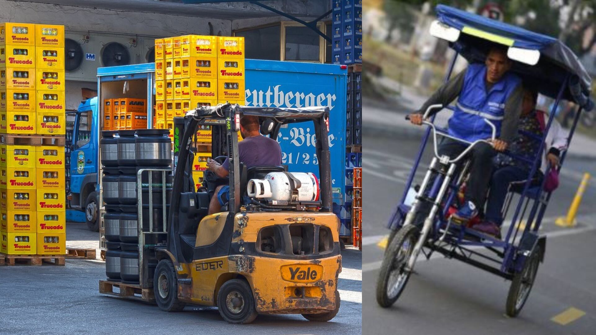 Bicitaxi transporta imprudentemente varias cajas de cerveza