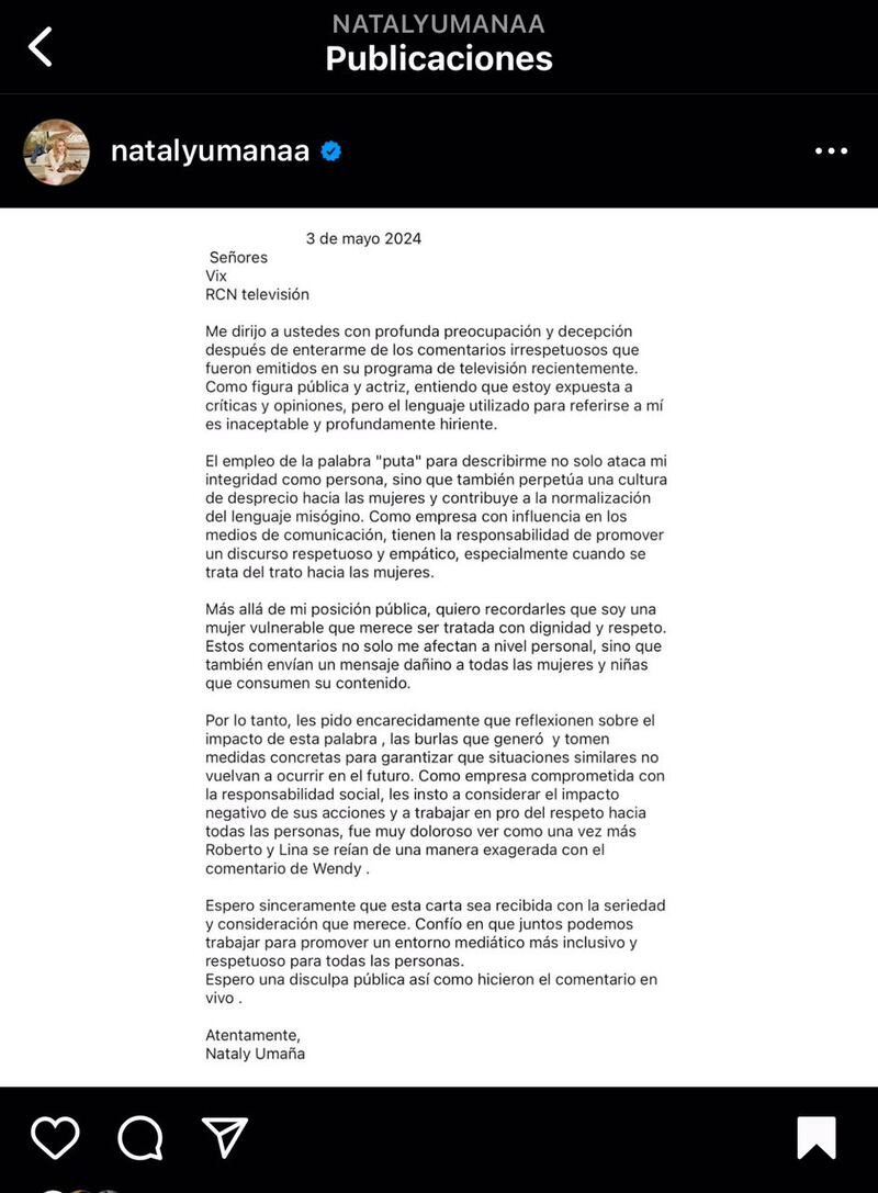 La actriz Nataly Umaña pide que se le ofrezca una disculpa pública tras las ofensas que recibió ya que atacaron su integridad.