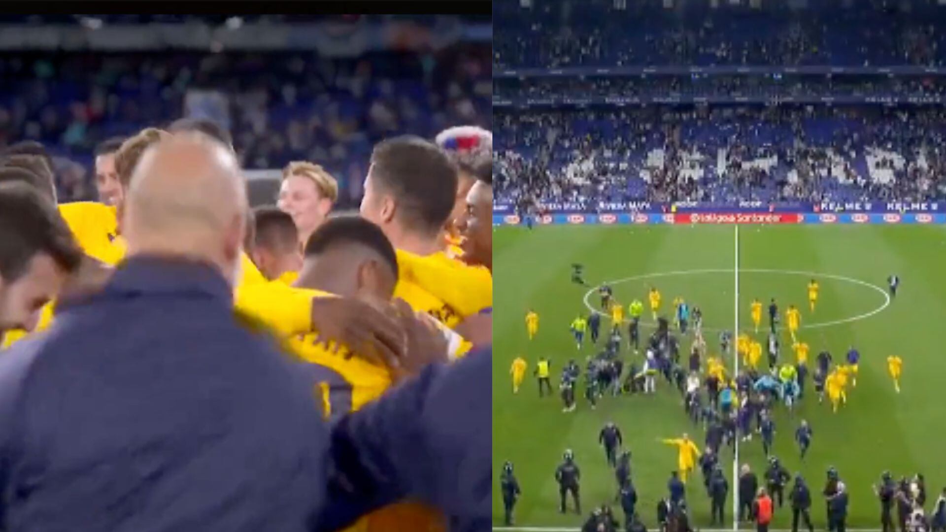 Jugadores del Barcelona tuvieron que salir corriendo tras invasión de hinchas del Espanyol.