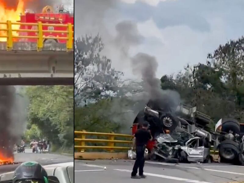 Emergencia en la vía La Vega-Villeta: tractomula envuelta en llamas tras fuerte choque con particular