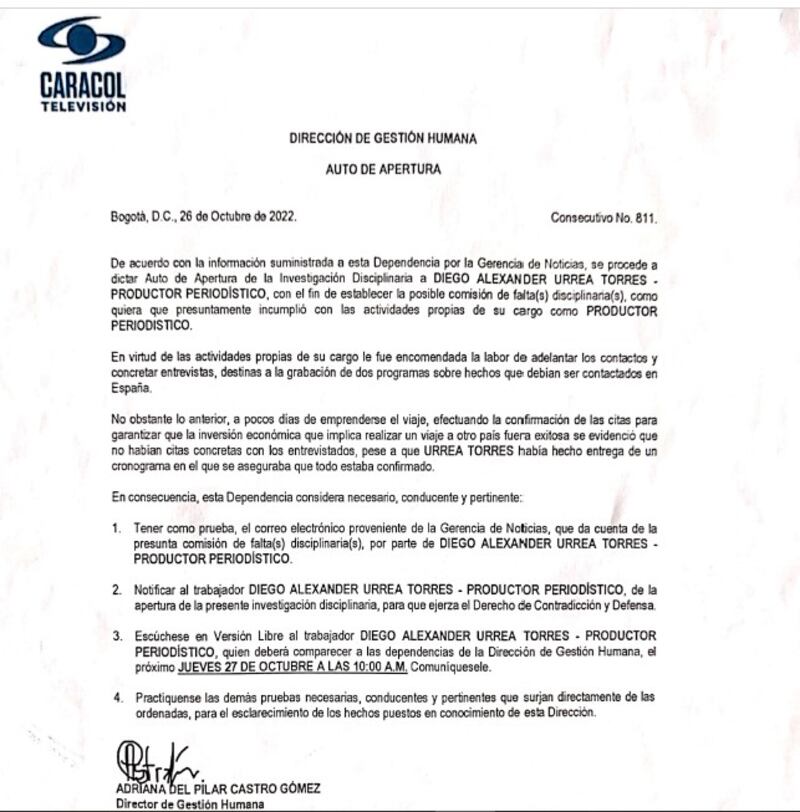 Foto documento de apertura de investigación contra Diego Urréa después de su emergencia médica en Caracol TV.
