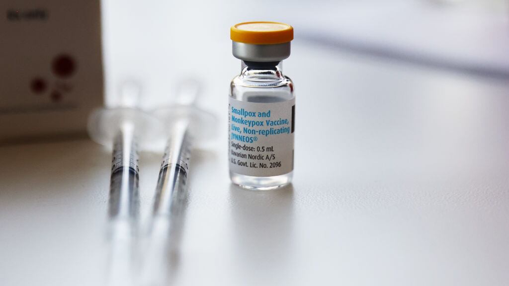 A vial of the Jynneos monkeypox vaccine sits on a table at a pop-up vaccination clinic which opened today by the Los Angeles County Department of Public Health at the West Hollywood Library on August 3, 2022 in West Hollywood, California. California Governor Gavin Newsom declared a state of emergency on August 1st over the monkeypox outbreak which continues to grow globally.