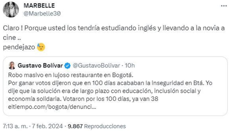 Marbelle vs. Gustavo Bolívar: la artista decidió atacar al candidato a la alcaldía por esta razón
