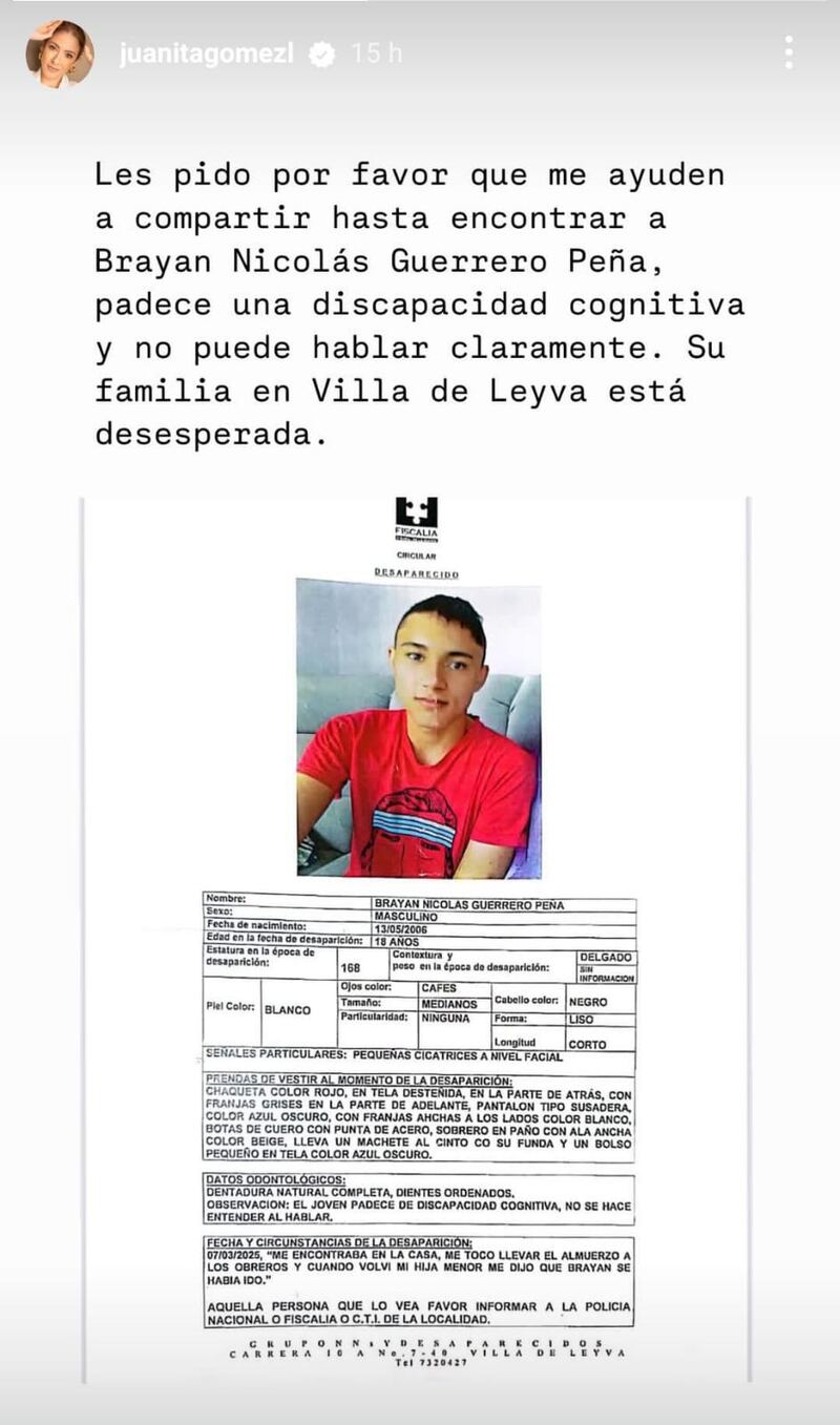 Juanita Gómez de Semana pidió ayuda en redes para dar con el paradero de joven desaparecido en Boyacá