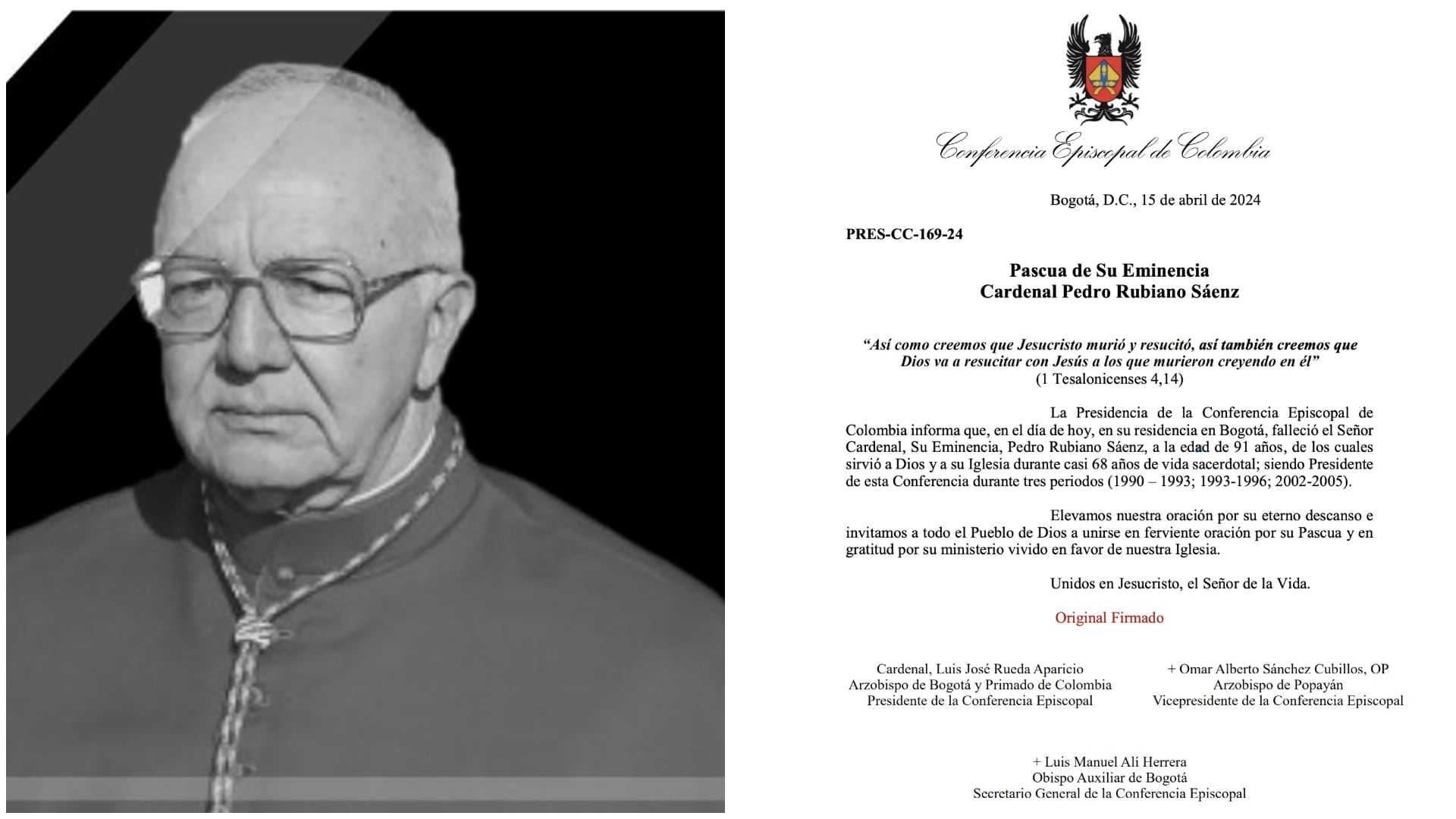 Falleció a sus 91 años el el Cardenal Pedro Rubiano Sáenz, expresidente de la Conferencia Episcopal de Colombia ( Conferencia Episcopal de Colombia)