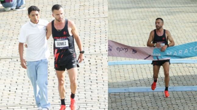 Foto hijo acompañó a su padre en la recta final al ganar la Maratón de Medellín.
