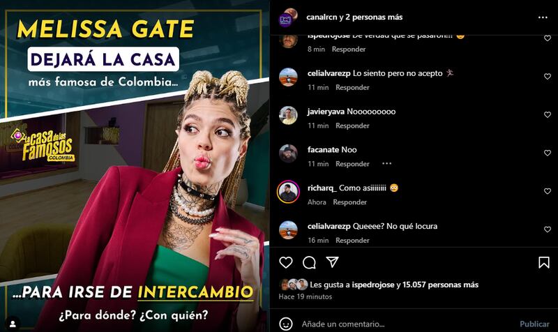 El canal RCN confirmó que Melissa Gate dejará ‘La casa de los famosos Colombia’ y vendrá otra participante por intercambio.