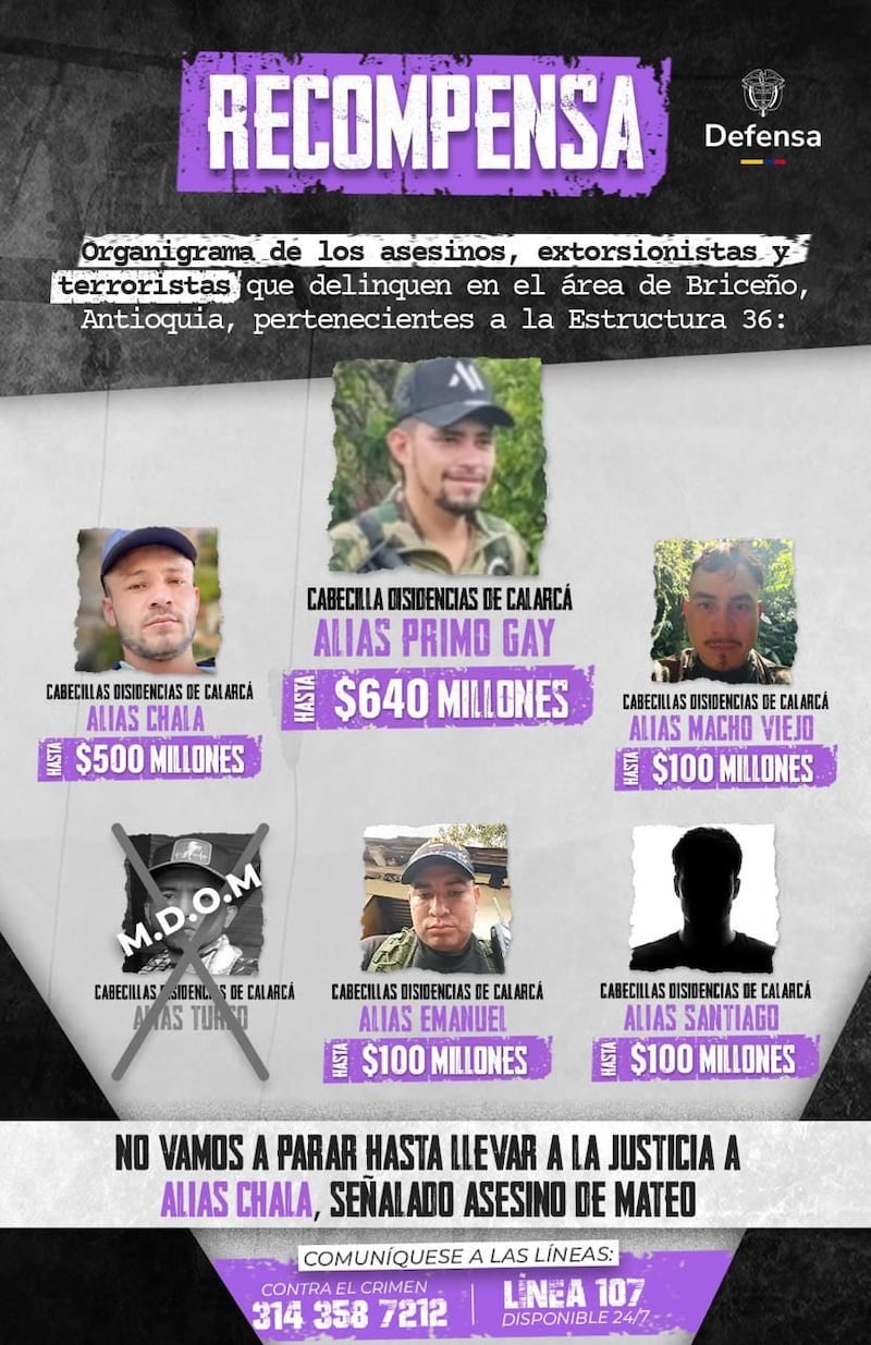 Cartel de la recompensa por el asesinato del periodista Mateo Pérez. Ministerio de Defensa.