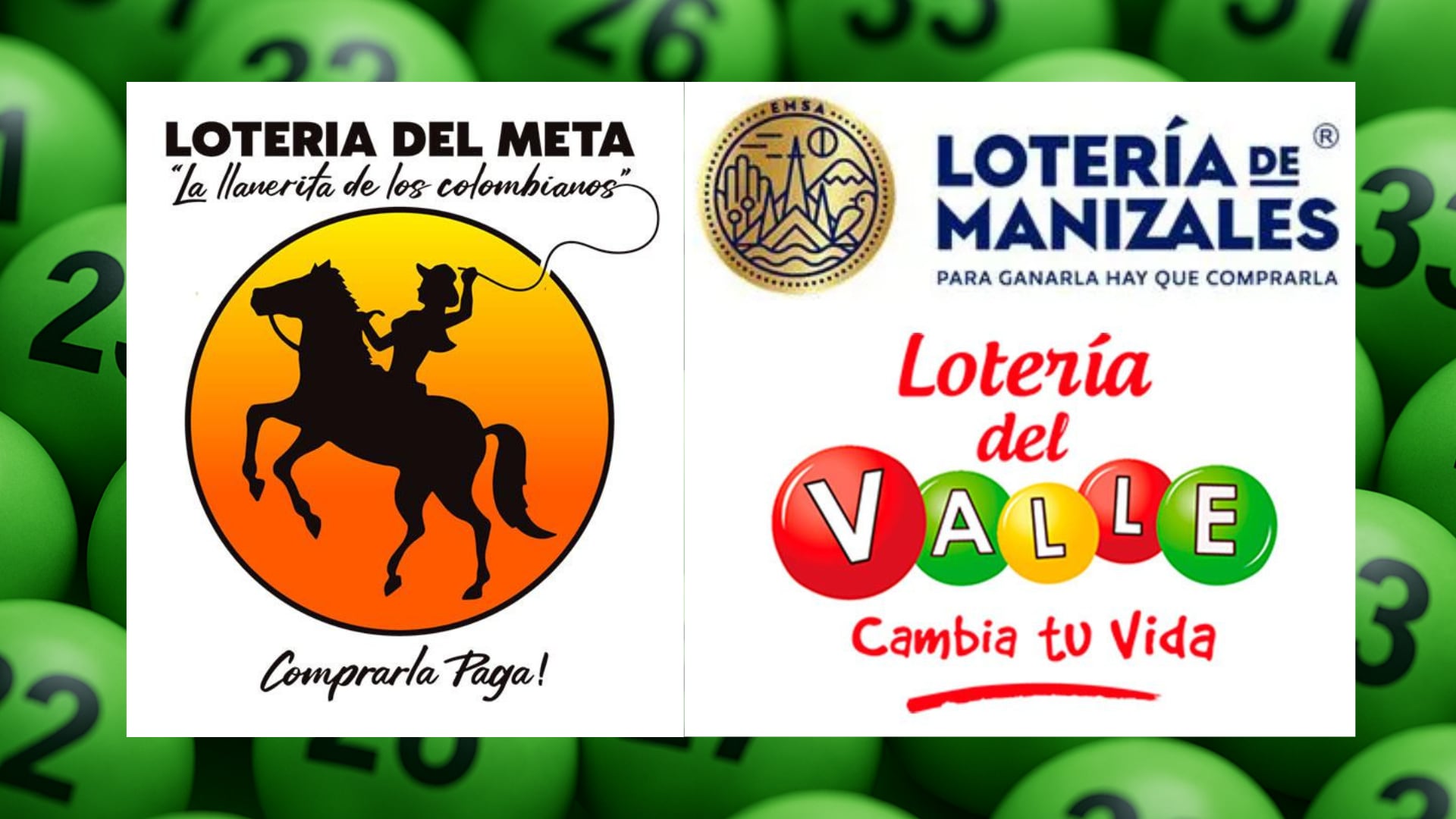 Loterías de Meta, Manizales y Valle - Fotos: Balotas generadas con IA y logos oficiales de las loterías extraídas de sus redes sociales el 3 de diciembre del 2025