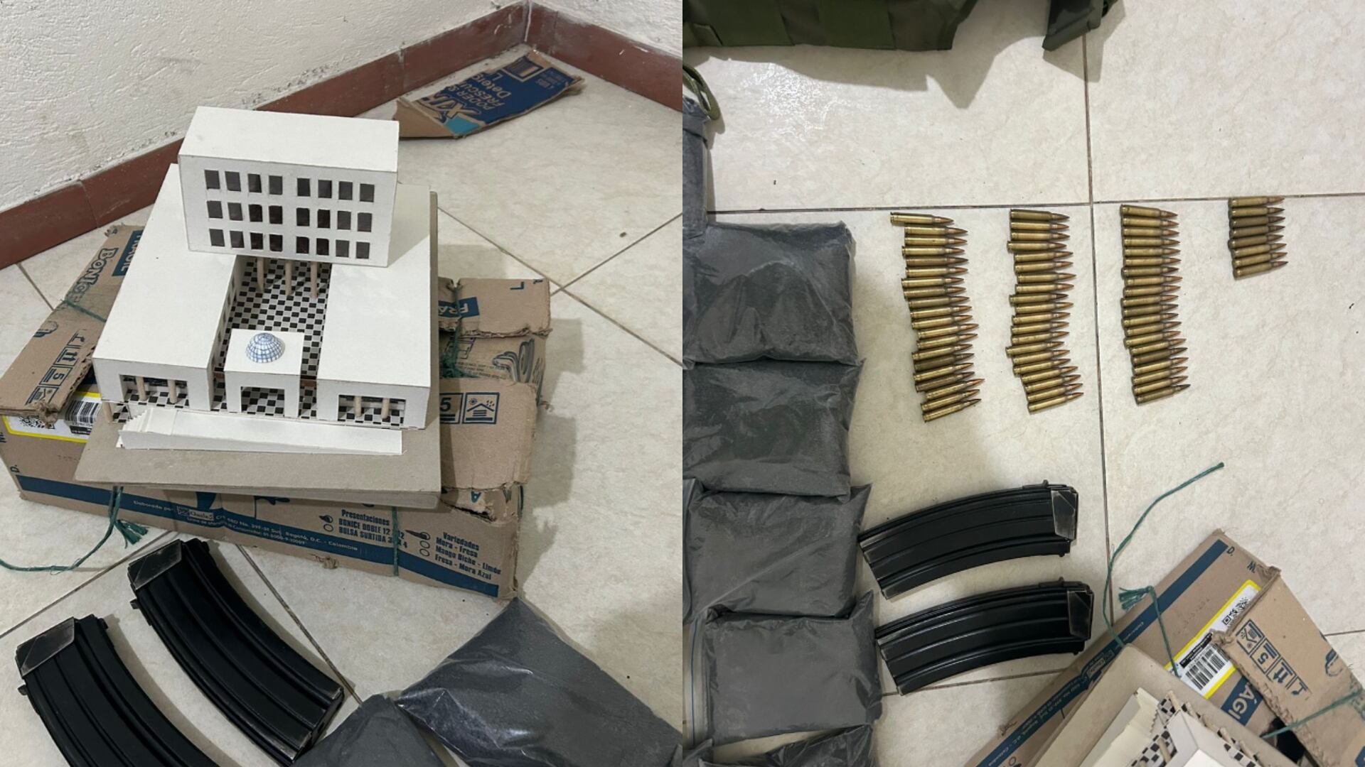 Maqueta del Palacio de Justicia y material explosivo con el que presuntamente atentarían contra el edificio.