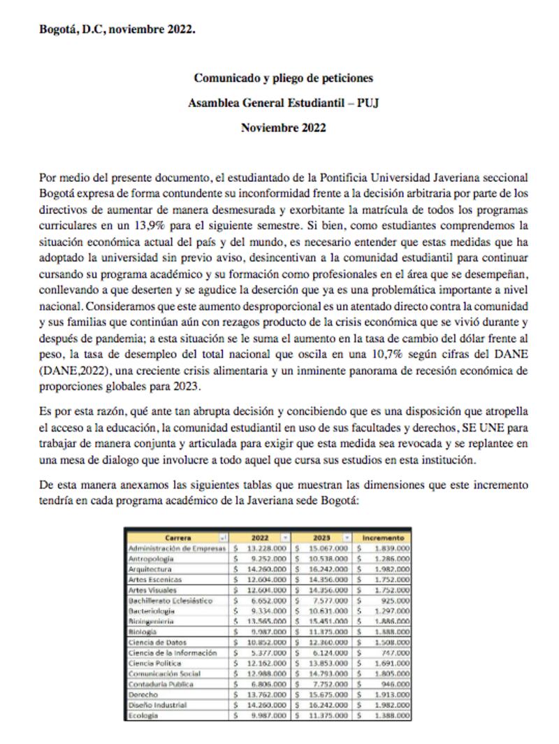 Comunicado estudiantes U. Javeriana - paro indefinido
