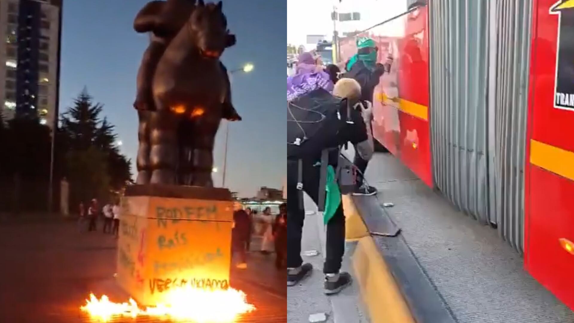 Grupos feministas incendiaron una estatua de Botero.