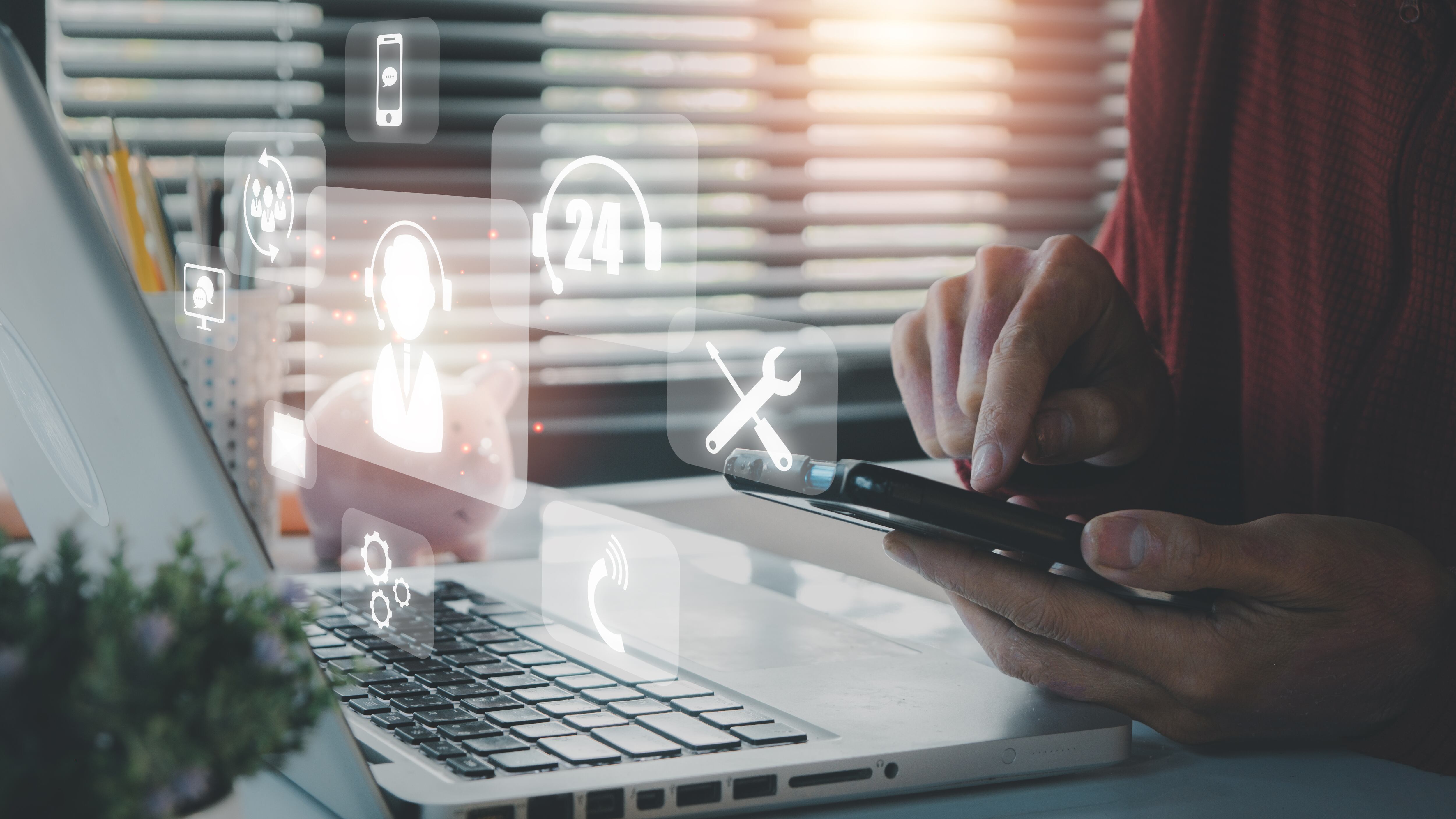 Technical support customer service concept, Person hand using smart phone with VR screen support customer icon, Technology internet concept, it support, call center and customer service help.