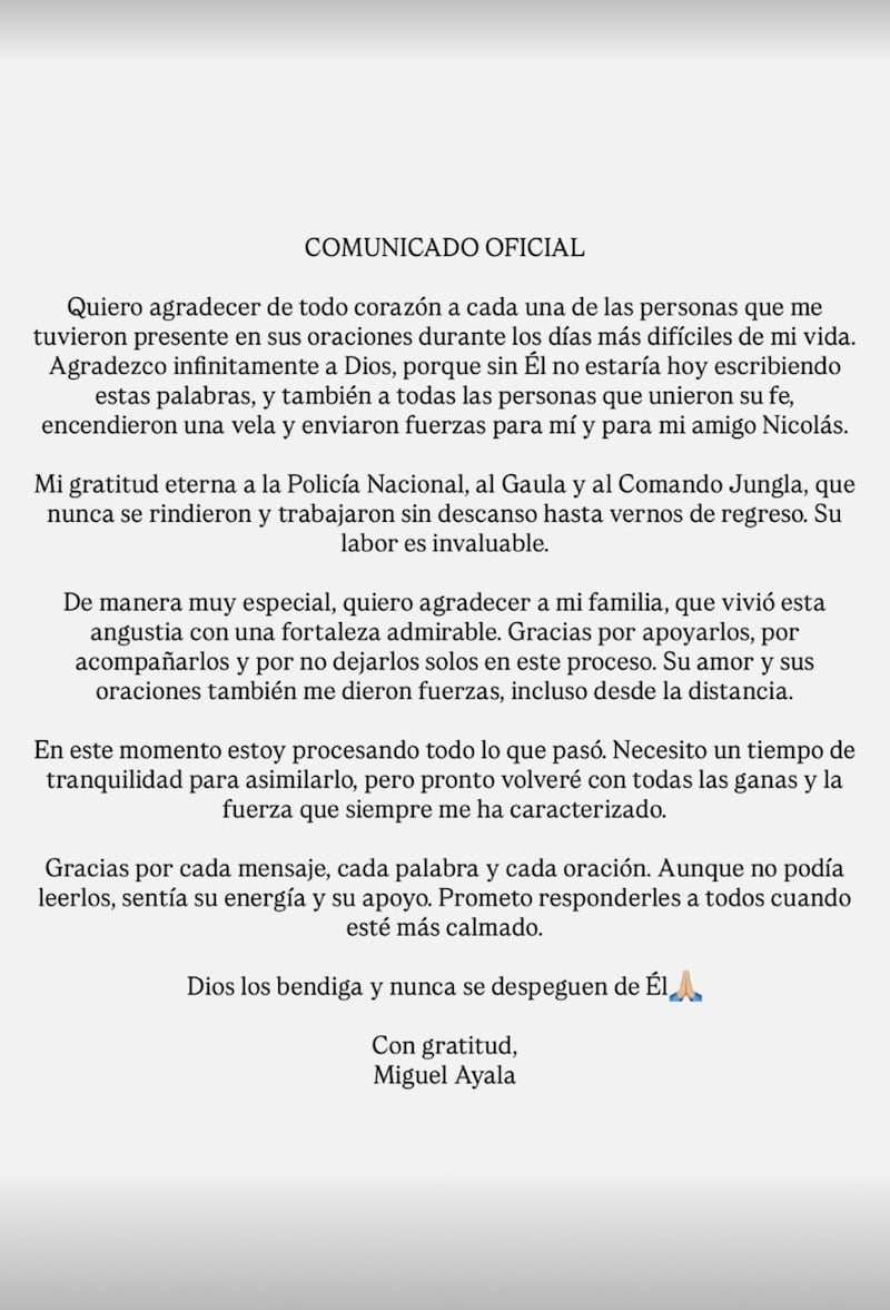 Comunicado oficial de Miguel Ayala tras su secuestro