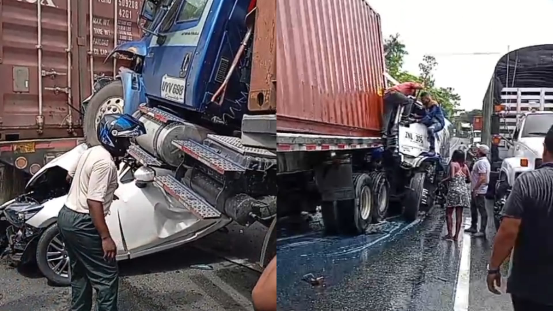 Impresionante accidente de tránsito: un carro quedó aplastado entre dos tractomulas y un carrotanque