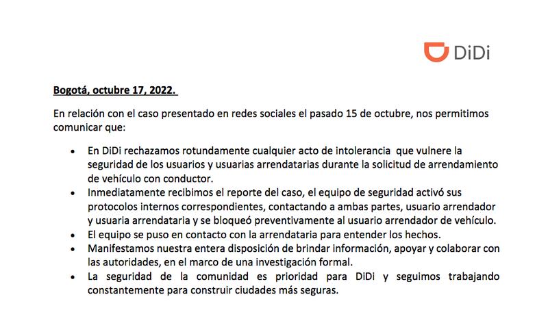 Comunicado oficial DiDi usuaria agredida el pasado 15 de octubre