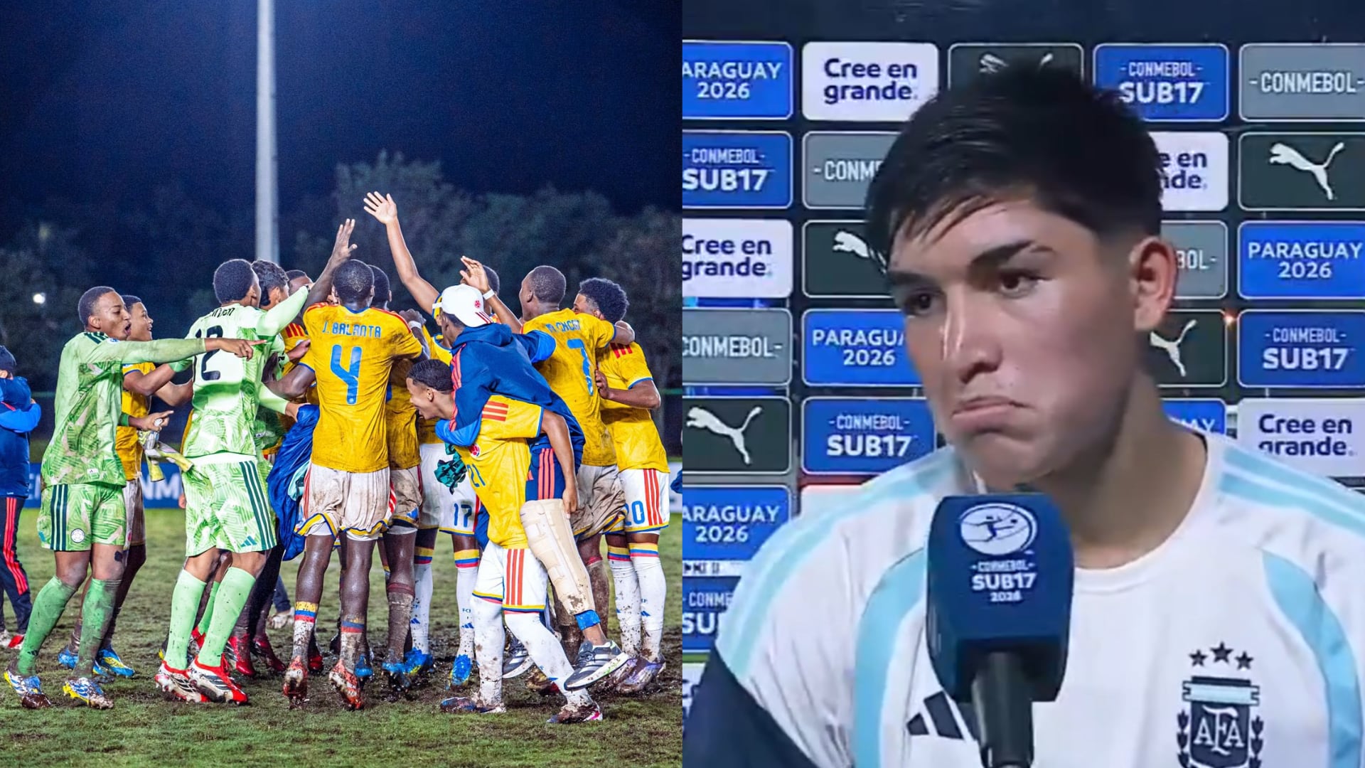 Colombia sub 17 y jugador argentino llorando - Fotos: Redes sociales de la FCF y entrevista el 19 de abril del 2026
