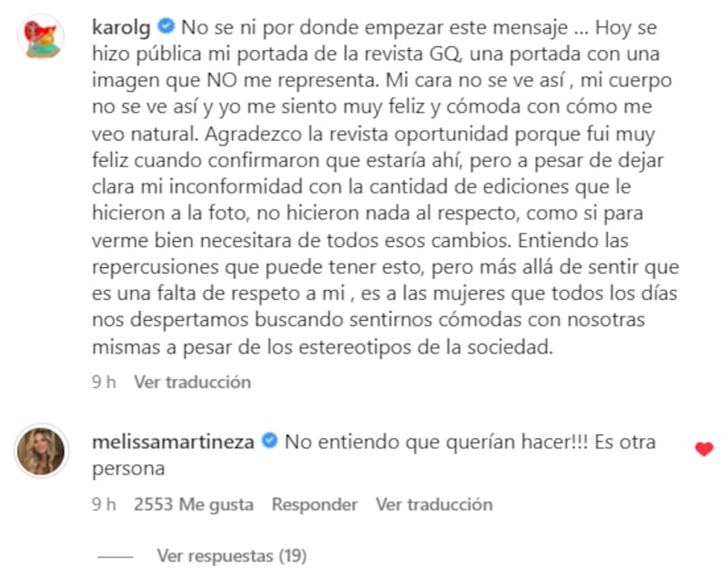 Comentario viral de Melissa Martínez sobre los cambios de la revista GQ a Karol G