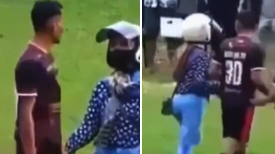 Mujer sacó al esposo de partido de fútbol.