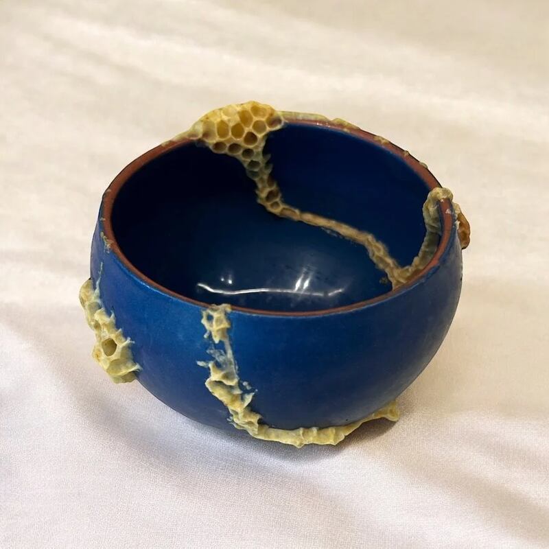 La artista canadiense Ava Roth deja que las abejas construyan panales que rellenan las grietas y las partes faltantes de piezas de cerámica rotas. Foto: cortesía.