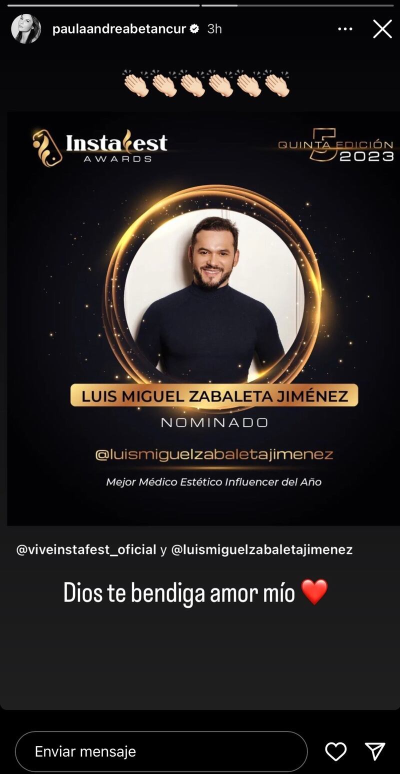 Paula Andrea Betancur se mostró orgullosa por la nominación a unos premios de su esposo Luis Miguel Zabaleta