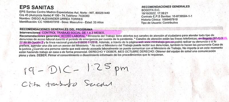 Foto de la valoración médica de Sánitas que señala que el productor Diego Urréa debe ir al Ministerio del Trabajo.