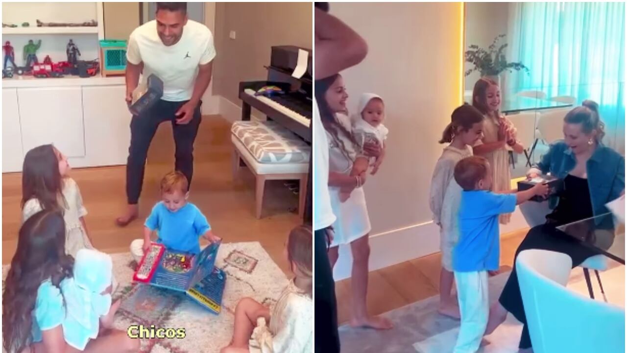 Falcao junto con sus hijos entregando un regalo a su esposa por el Día de la Madre.