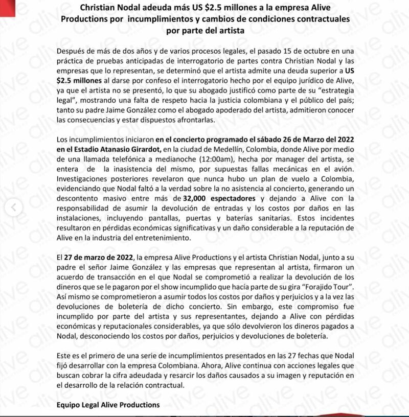 Cristian Nodal y su costumbre de cancelar conciertos en Colombia resultó en demanda