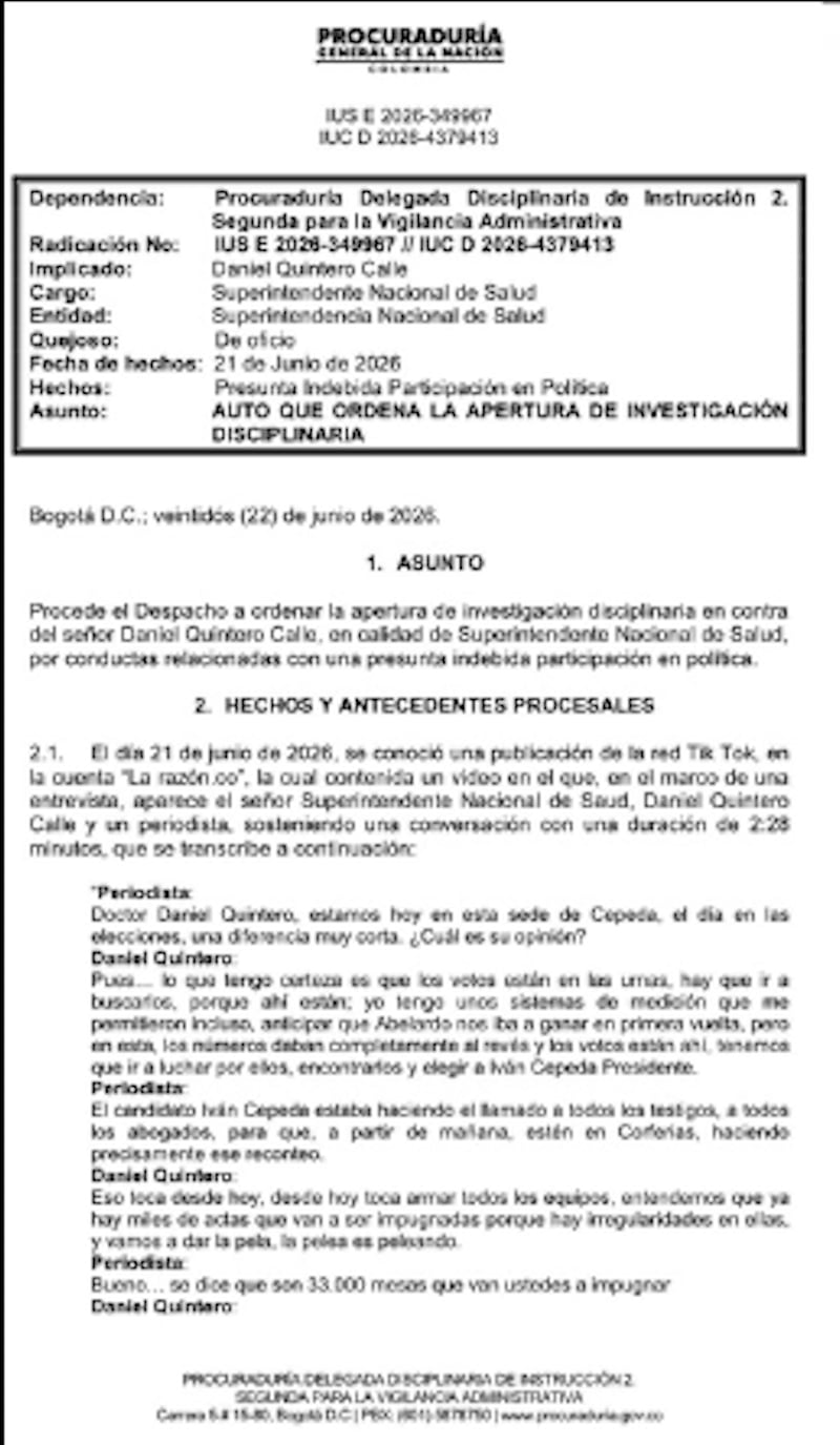 Procuraduría a Daniel Quintero