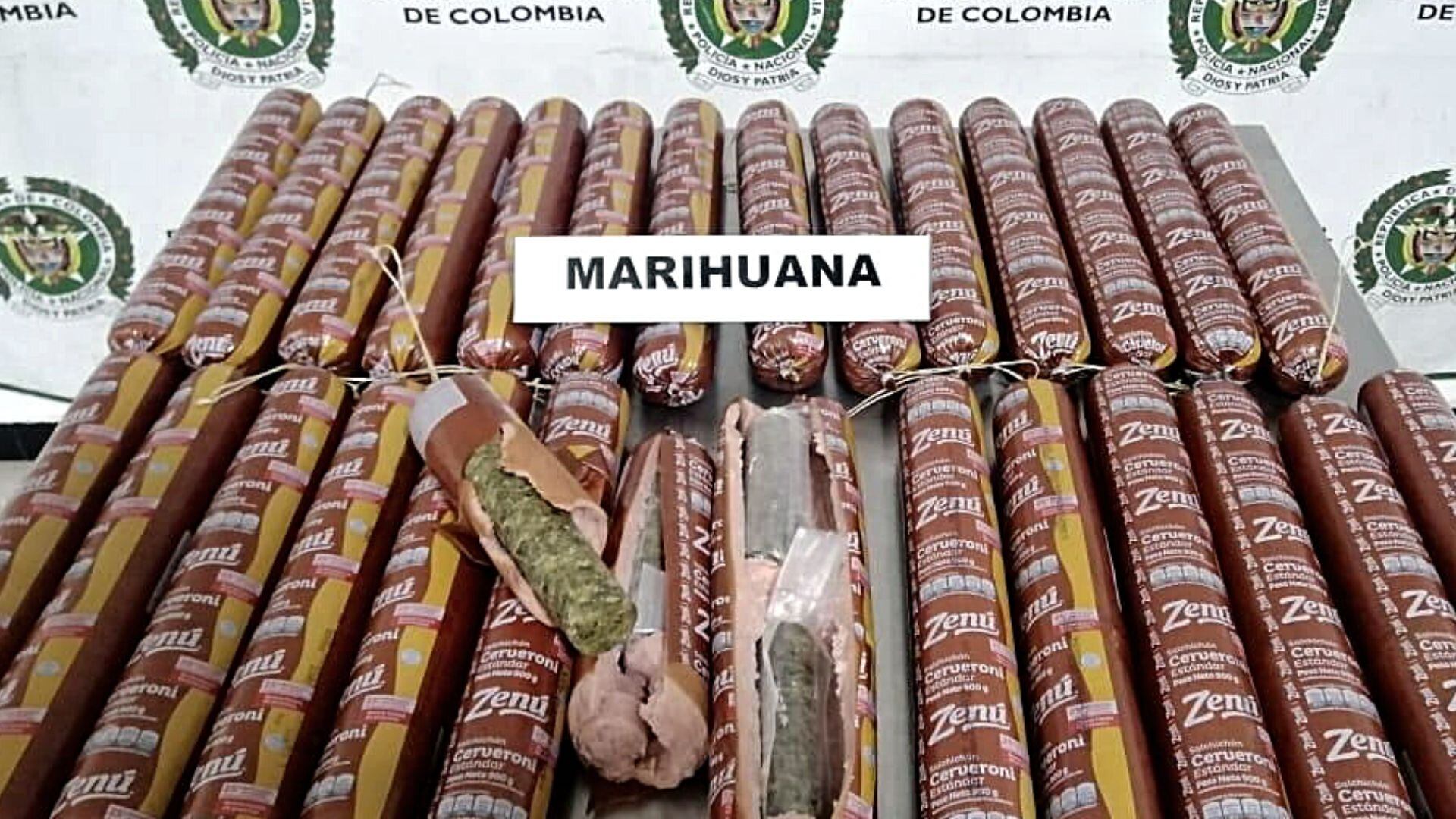 Incautación de salchichón cervecero que contenía marihuana en Colombia.