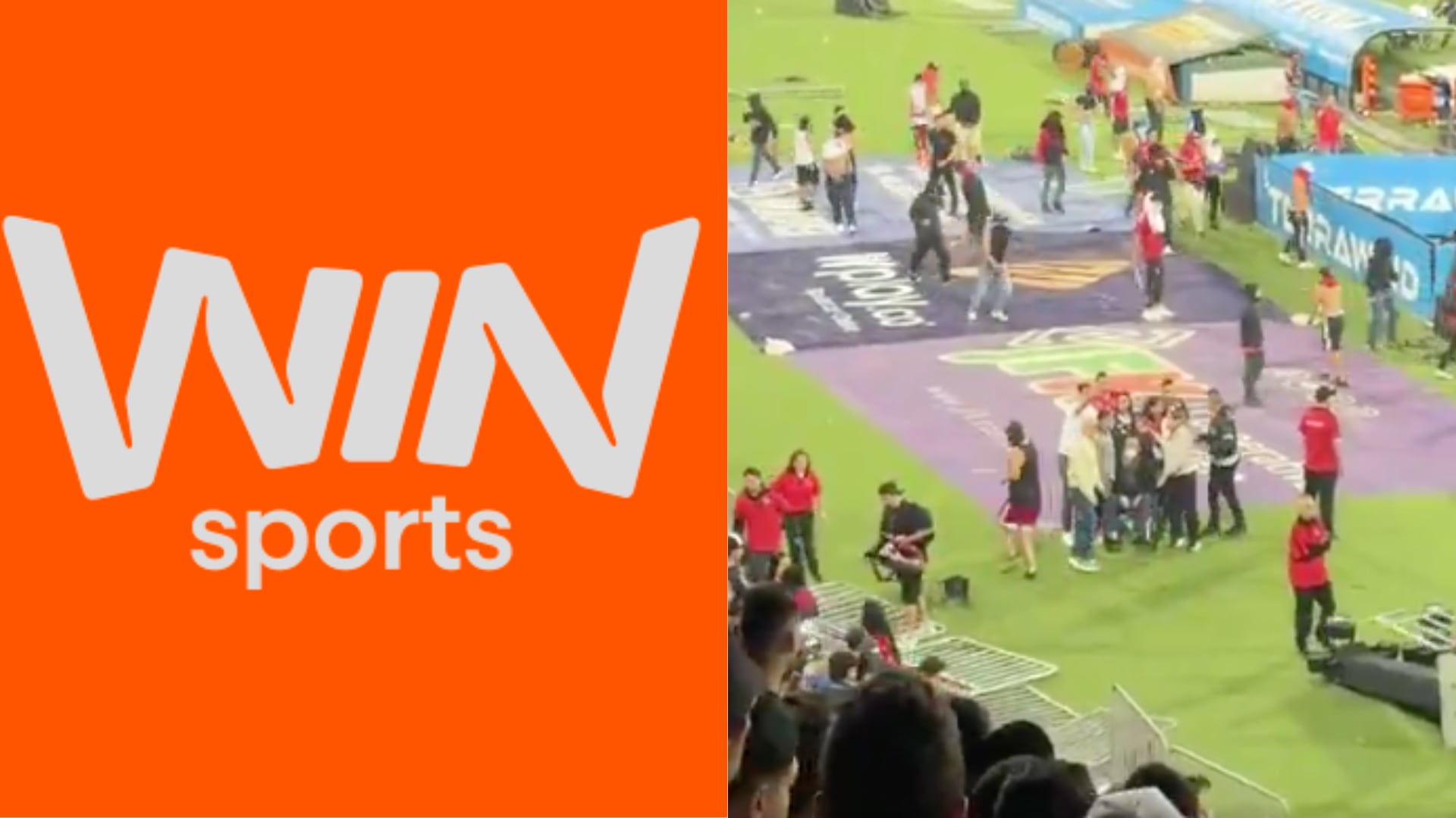 Win Sports y desmanes en el Atanasio Girardot - Fotos: Logo oficial del canal y captura de pantalla de un video aficionado tomadas el 18 de diciembre del 2025