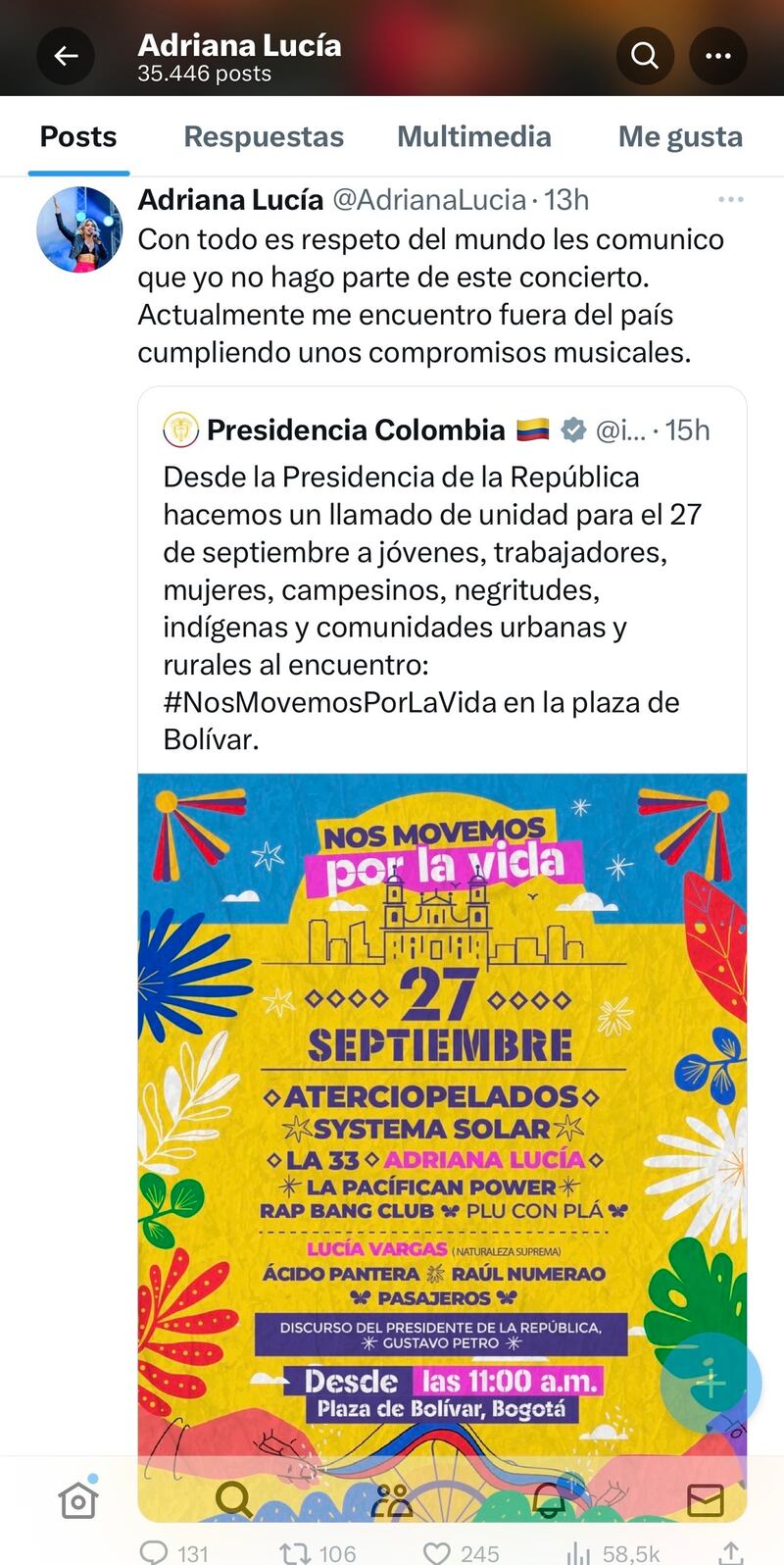Adriana Lucía confirmó que no hará parte del concierto organizado por el gobierno nacional de Gustavo Petro