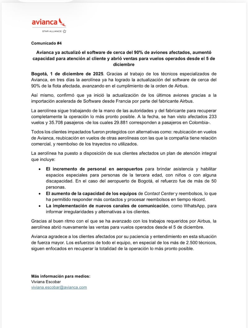 Avianca emite comunicado sobre los procesos impactados por la suspensión de vuelos