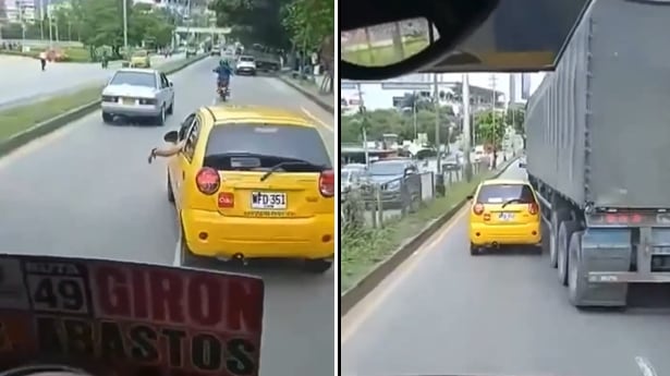 Taxi le cerraba el paso a bus y tractomula casi lo borra