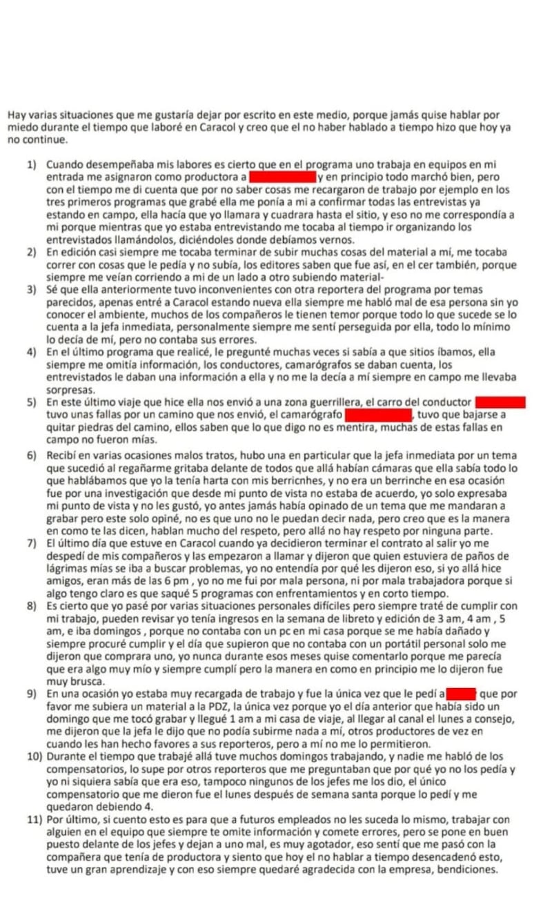 Foto carta de retiro periodista de 'Septimo Día' de Caracol TV.