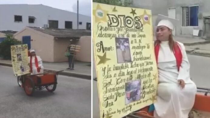 Mujer fue a su grado en carretilla con la que laboraba con su esposo.