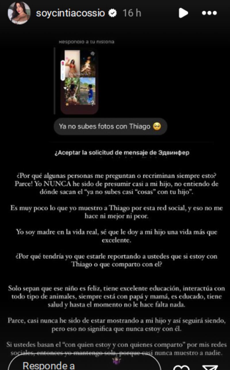 Cintia Cossio respondió a usuario que le preguntó por qué no publicaba fotos con su hijo en las plataformas digitales.
