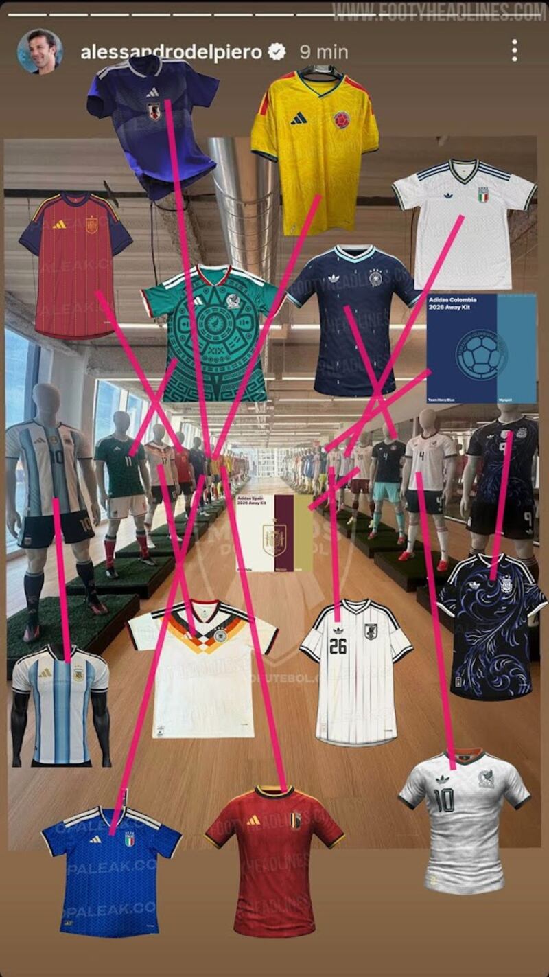 Del Piero filtró todas las camisetas de una marca para el Mundial 2026, entre ellas las de la Selección Colombia