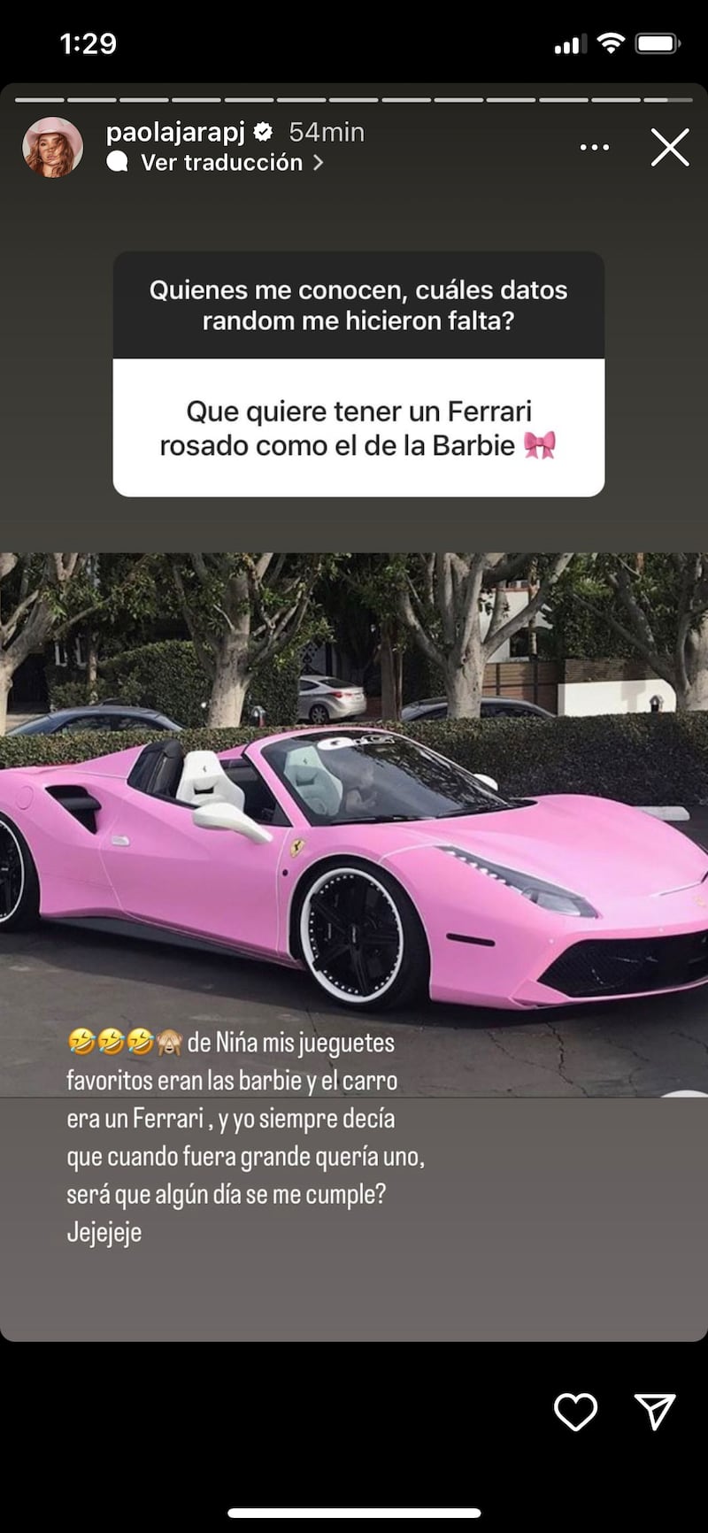 Paola Jara mostró que su sueño es tener un Ferrari color rosa