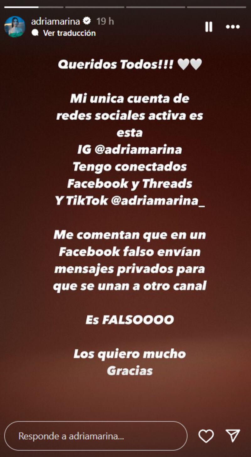 Adria Marina de MasterCehf alertó a sus seguidores por cuenta falsa
