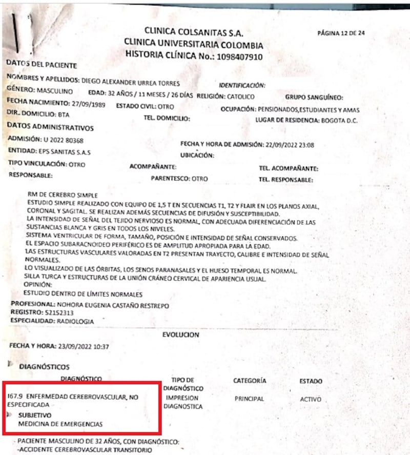 Foto de la historia clínica de Diego Urréa mientras estaba trabajando en el programa Séptimo Día de Carnacol TV.