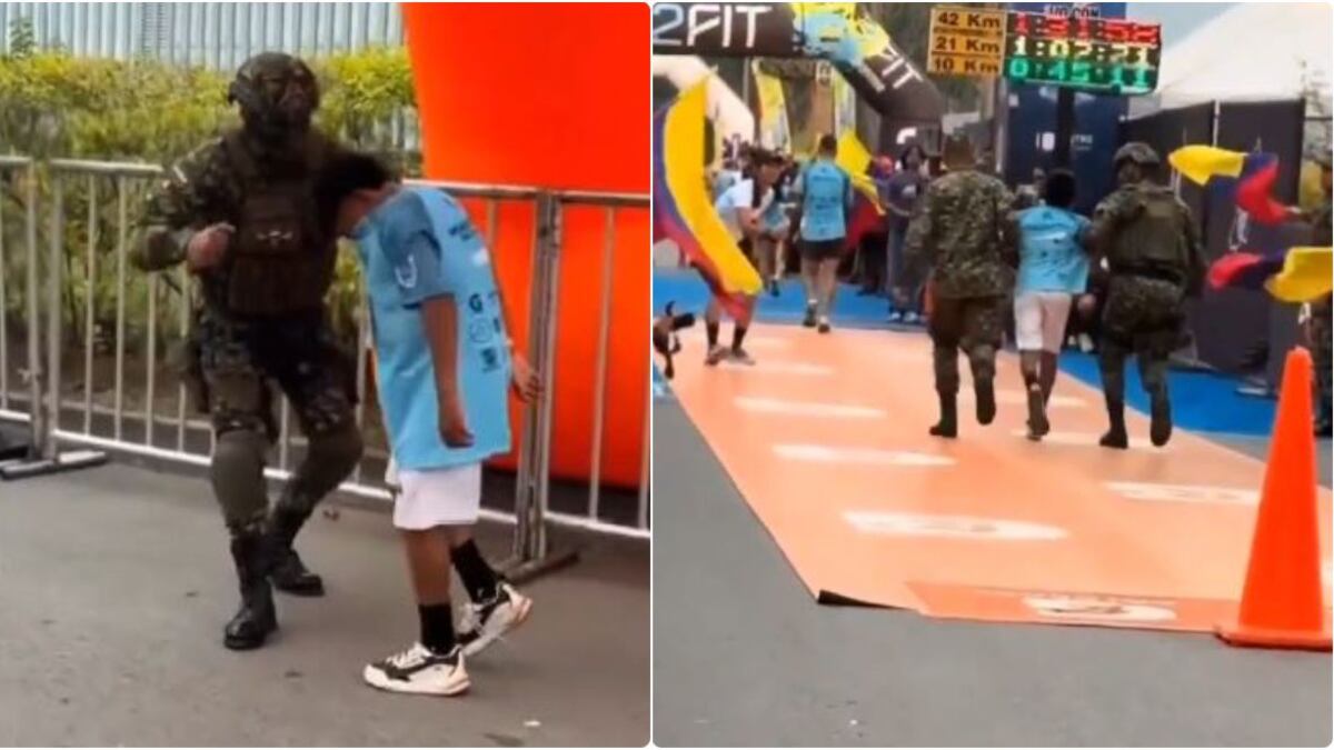 Soldados ayudaron a pequeño para que no desfalleciera y lo impulsaron a la meta en la Maratón del Valle