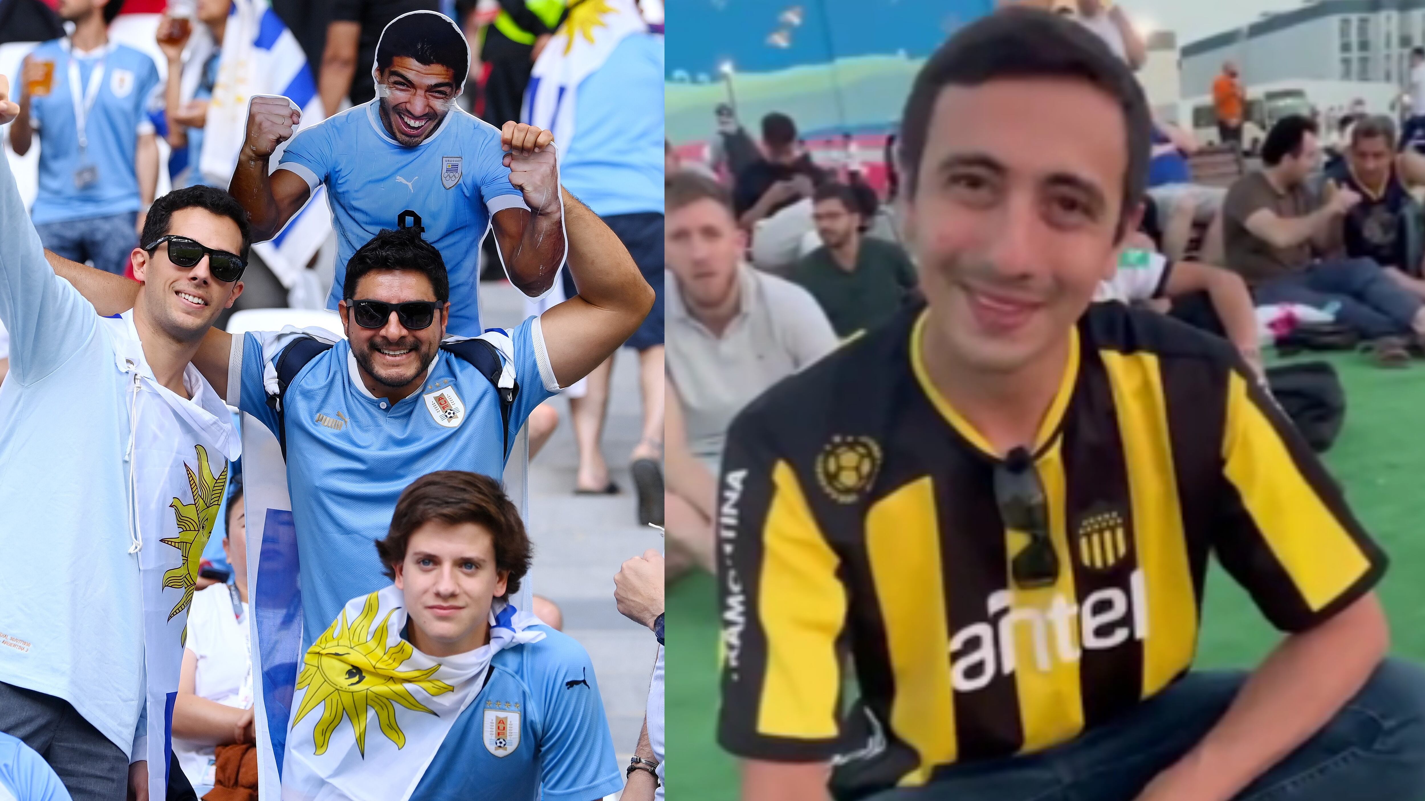 Hincha colombiano alentando a Uruguay en Qatar