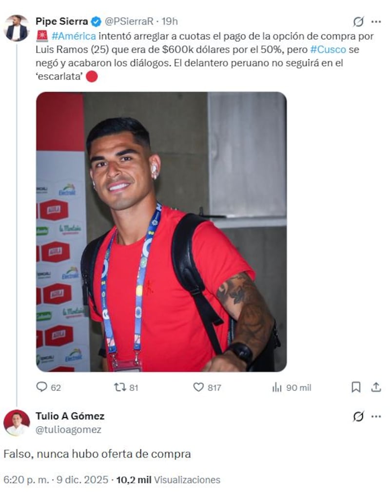 Pipe Sierra fue desmentido públicamente por el dueño de América de Cali, Tulio Gómez