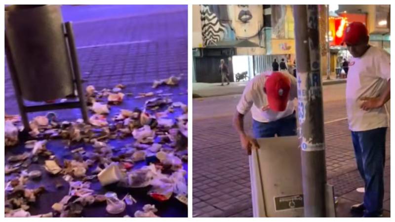 Trabajadores de una cadena de restaurantes tiran los desechos en las calles de Bogotá