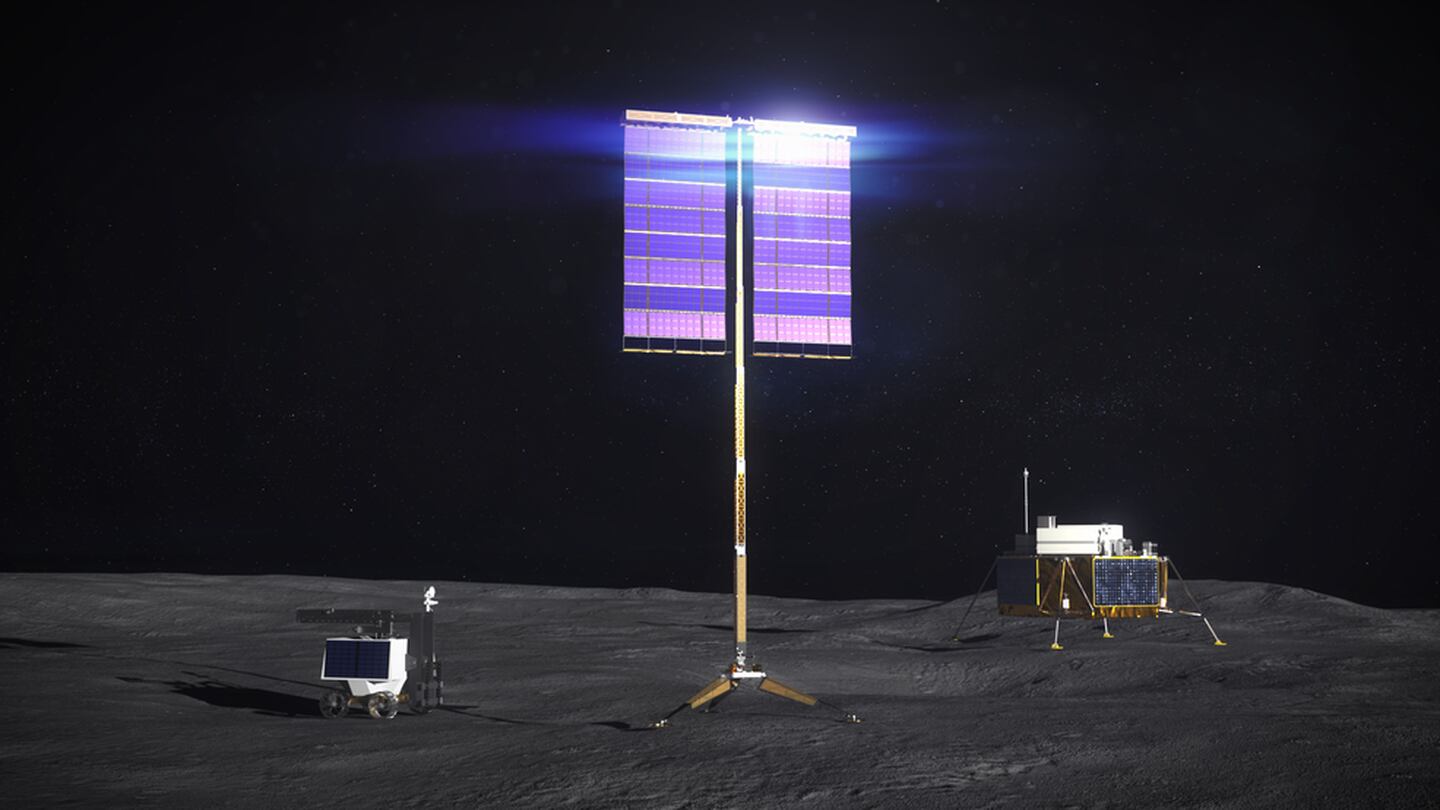 Ilustración artística de un panel solar vertical desplegado en la Luna para el programa Artemis de la NASA